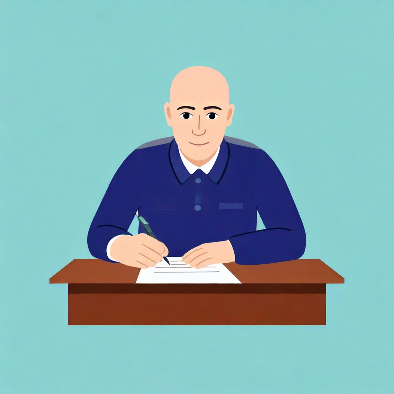 Ein Mann sitzt an einem Schreibtisch. Er schreibt auf einem Blatt Papier. Er trägt ein blaues Hemd und hat eine Glatze. 