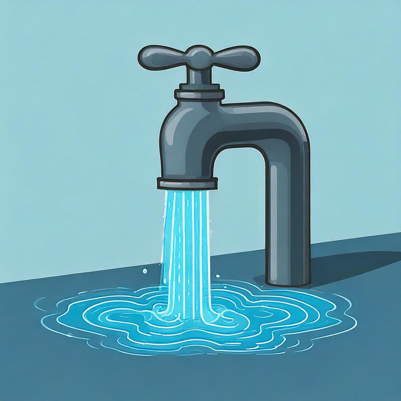 Ein Wasserhahn ist aufgedreht und aus ihm strömt Wasser. Unter dem Wasserhahn bildet sich eine Pfütze. Wasser ist ein Produkt, welches Stadtwerke anbieten. 