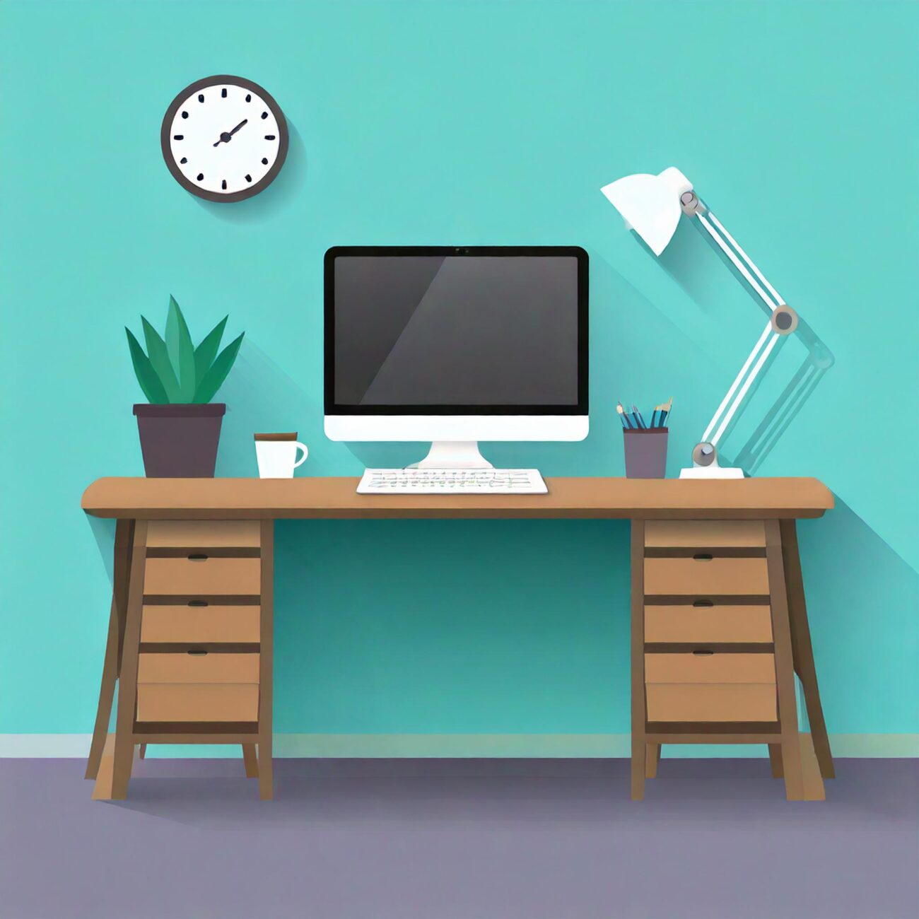 Ein Schreibtisch steht an einer Wand. Auf dem Schreibtisch steht ein Computer. Es befindet sich auch eine Lampe, eine Pflanzen und Stifte auf dem Schreibtisch. Links darüber hängt eine Uhr. 