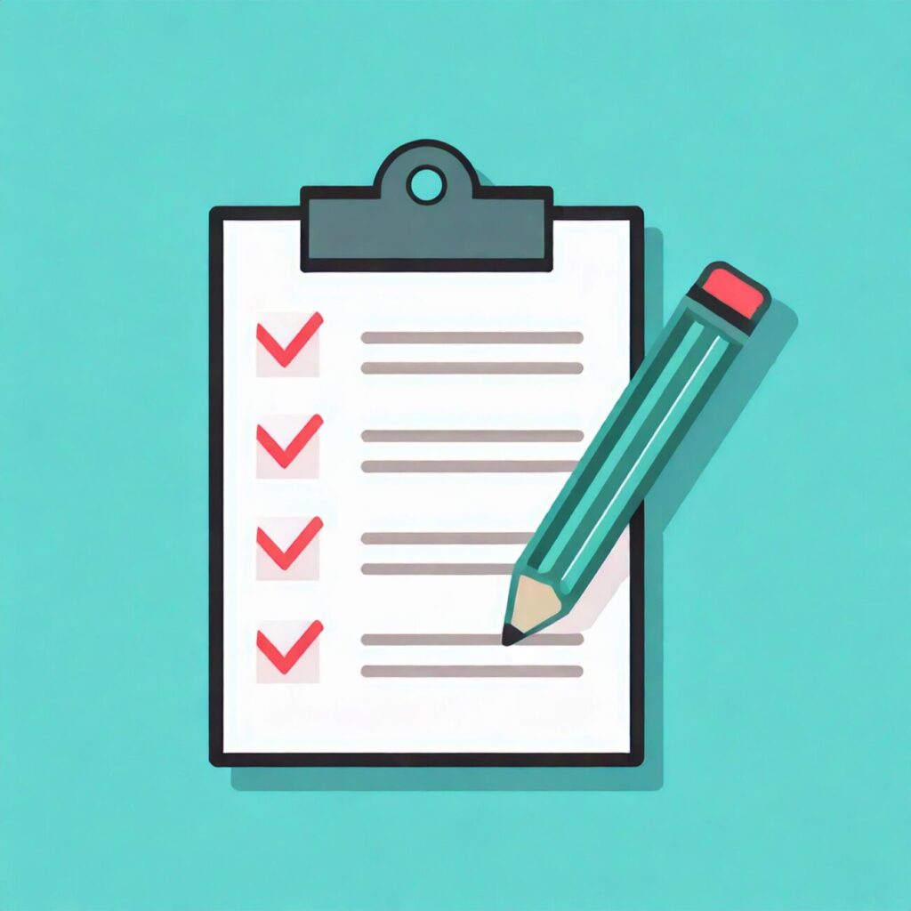 Eine Checklist auf einem Klemmbrett. Die Aufgaben sind abgehakt. Auf der Checkliste liegt ein Bleistift. 