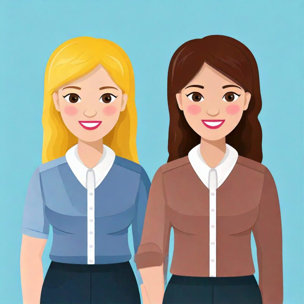 Zwei Frauen stehen nebeneinander und schauen freundlich. Die linke Frau ist blond und trägt eine blaue Bluse. Die rechte Frau ist dunkelhaarig und trägt eine braune Bluse. 