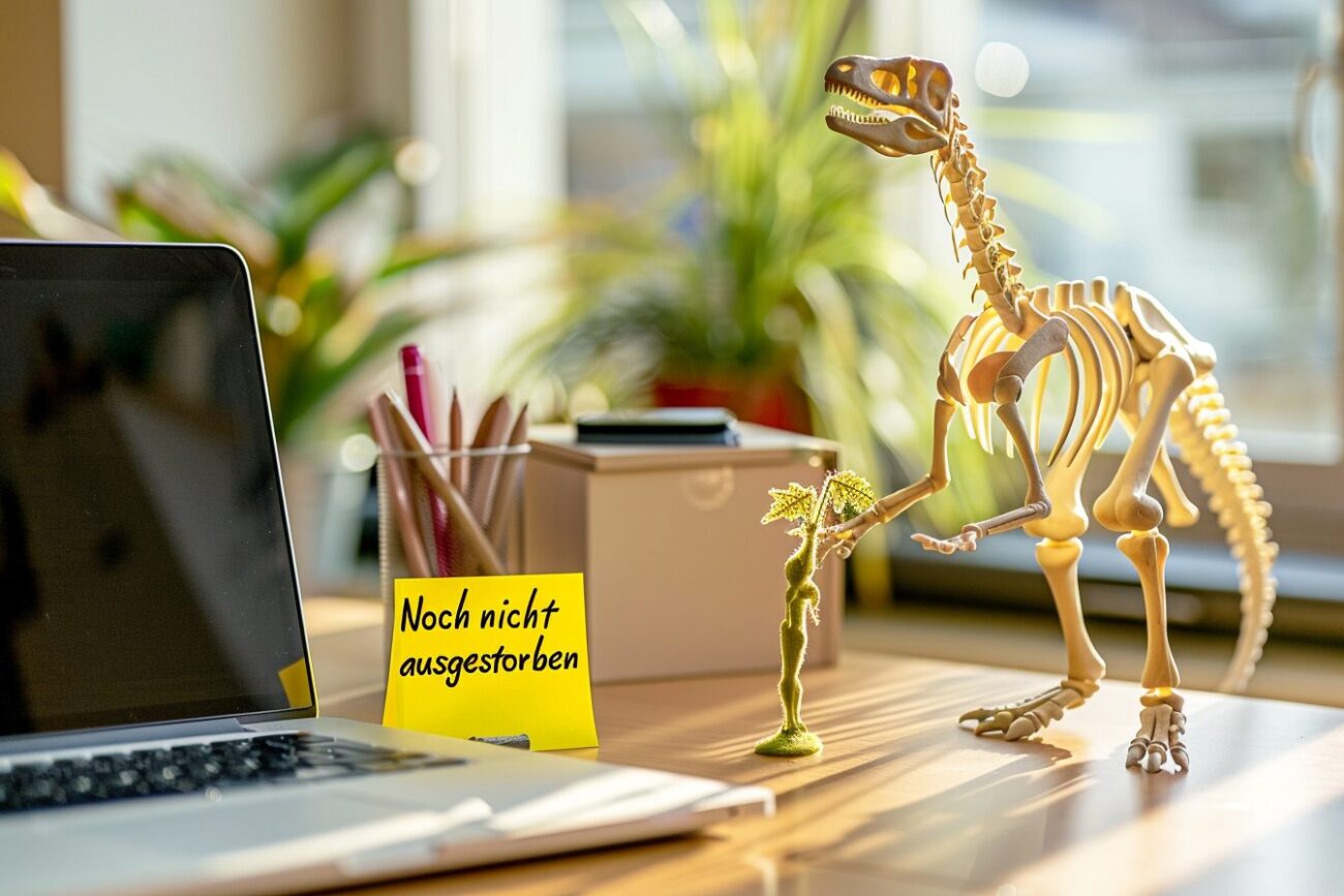 Leben einem Laptop steht ein Modell eines Saurier-Skeletts und ein Post-It mit der Notiz "Noch nicht ausgestorben".
