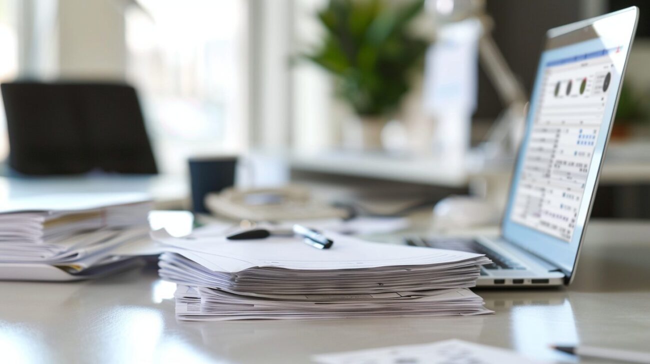 Auf einem Schreibtisch steht ein Laptop mit einem Programm zu Erstellung für barrierefreie PDFs, daneben ein großer Stapel Rechnungen.