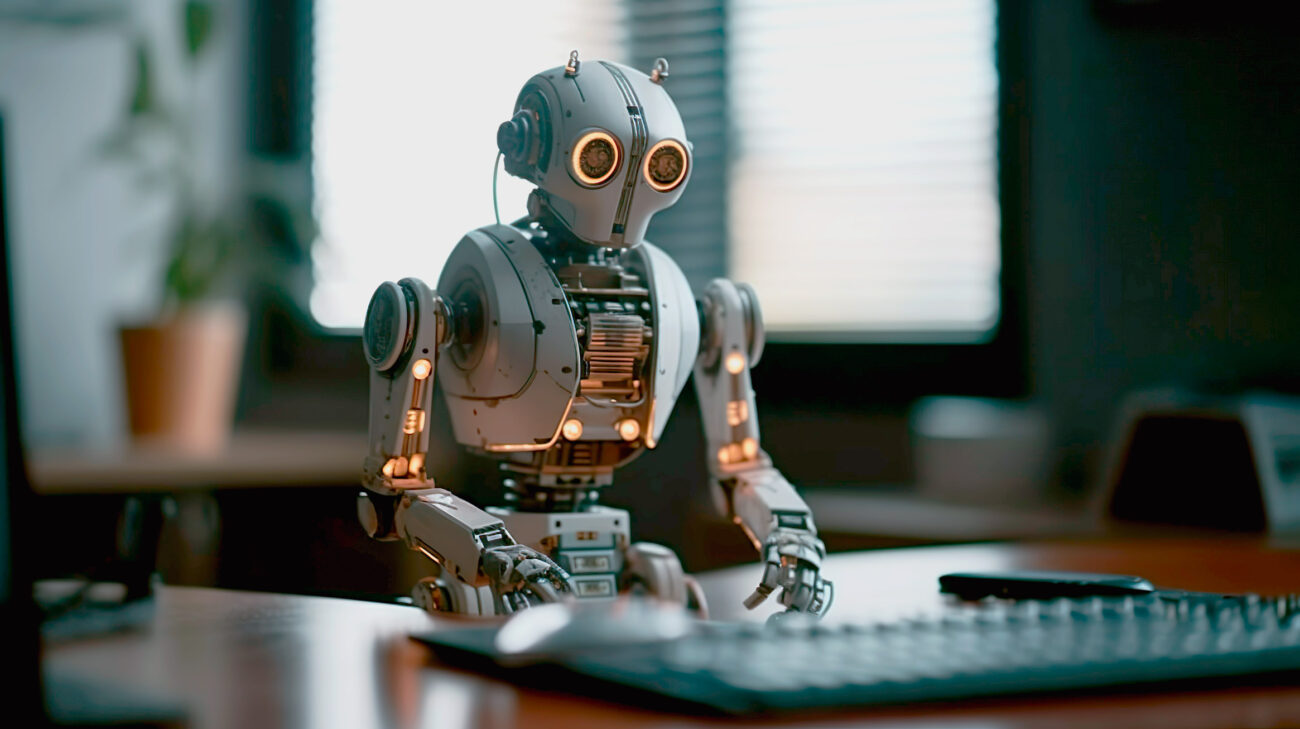 KI in der Stadtwerke-Kommunikation 1 kleiner Roboter vor Tastatur